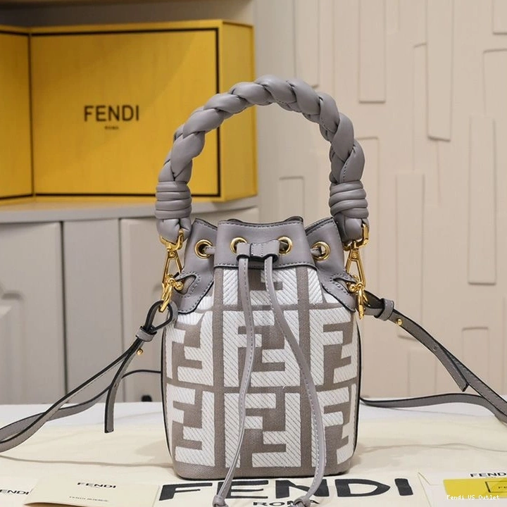Vintage HOT with Bucket Motif Mini In Fendi Canvas Bag Tresor Grey Mon Woven FF Handle 0811